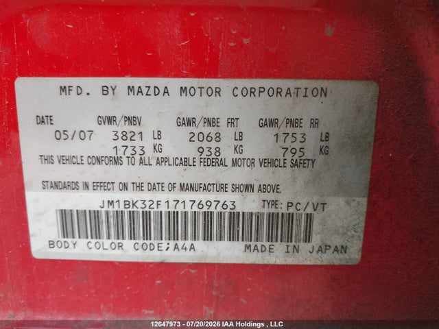 12647973 :رقم المزاد ، JM1BK32F171769763 vin ، 2007 Mazda Mazda3 Gs/gx مزاد بيع