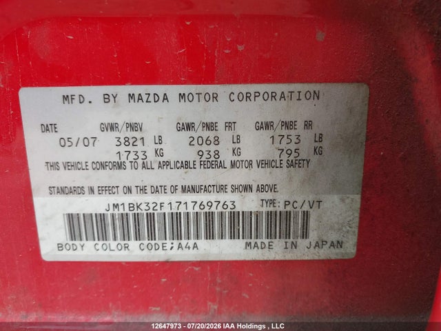 12647973 :رقم المزاد ، JM1BK32F171769763 vin ، 2007 Mazda Mazda3 Gs/gx مزاد بيع