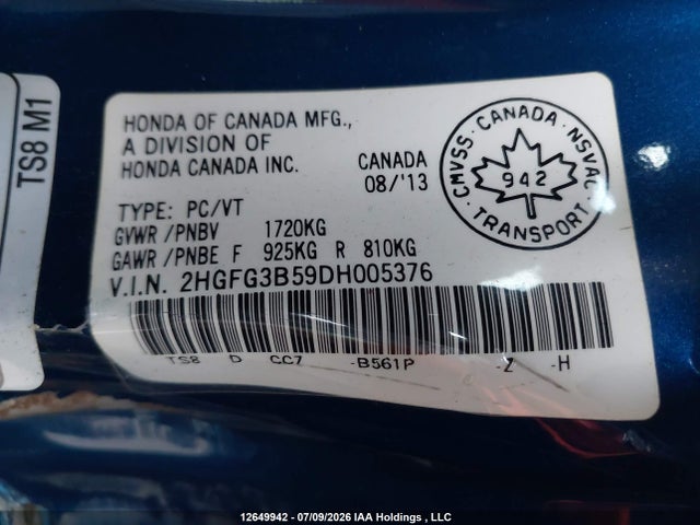 2013 Honda Civic Lx მანქანა იყიდება აუქციონზე, vin: 2HGFG3B59DH005376, აუქციონის ნომერი: 12649942