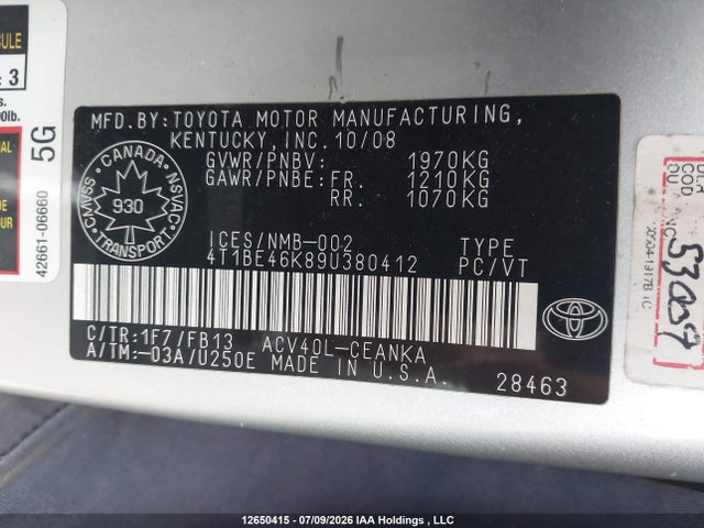 12650415 :رقم المزاد ، 4T1BE46K89U380412 vin ، 2009 Toyota Camry Le مزاد بيع