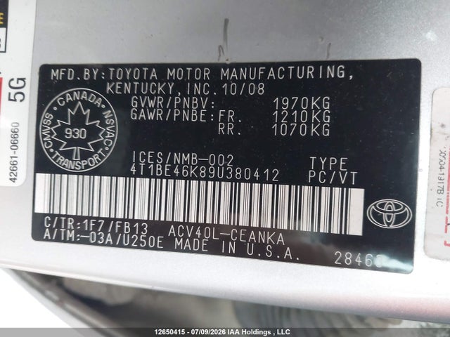 12650415 :رقم المزاد ، 4T1BE46K89U380412 vin ، 2009 Toyota Camry Le مزاد بيع