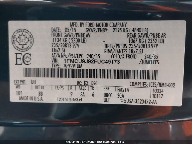 Продажа на аукционе авто 2015 Ford Escape Titanium, vin: 1FMCU9J92FUC49173, номер лота: 12663159