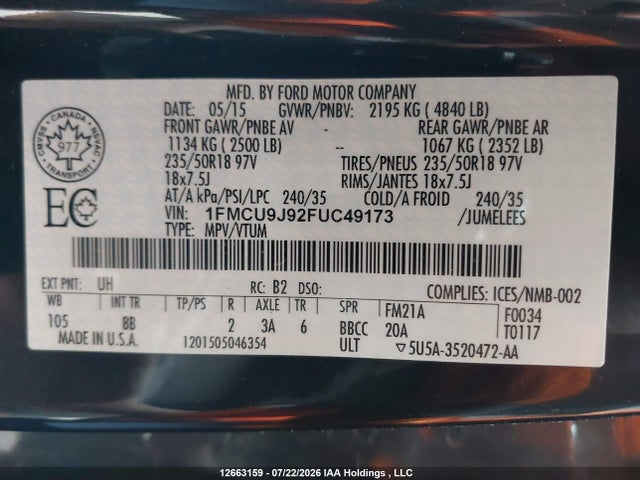 Продажа на аукционе авто 2015 Ford Escape Titanium, vin: 1FMCU9J92FUC49173, номер лота: 12663159