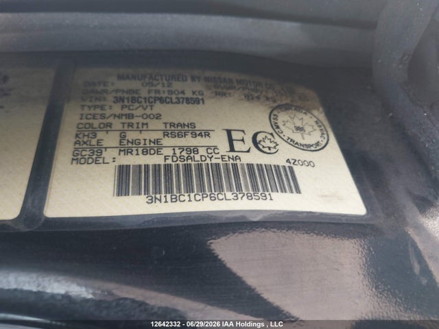 12642332 :رقم المزاد ، 3N1BC1CP6CL378591 vin ، 2012 Nissan Versa 1.8 S مزاد بيع