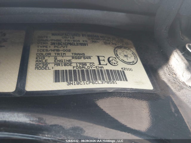 12642332 :رقم المزاد ، 3N1BC1CP6CL378591 vin ، 2012 Nissan Versa 1.8 S مزاد بيع