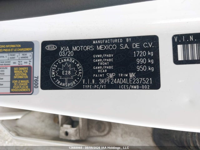 Продажа на аукционе авто 2020 Kia Forte Lx, vin: 3KPF24AD4LE237521, номер лота: 12668865