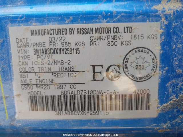 Продаж на аукціоні авто 2022 Nissan Sentra Sv, vin: 3N1AB8CVXNY259115, номер лоту: 12668870