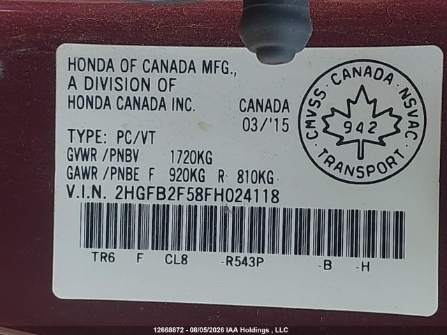 Honda Civic Lx 2015 2HGFB2F58FH024118 Image 9