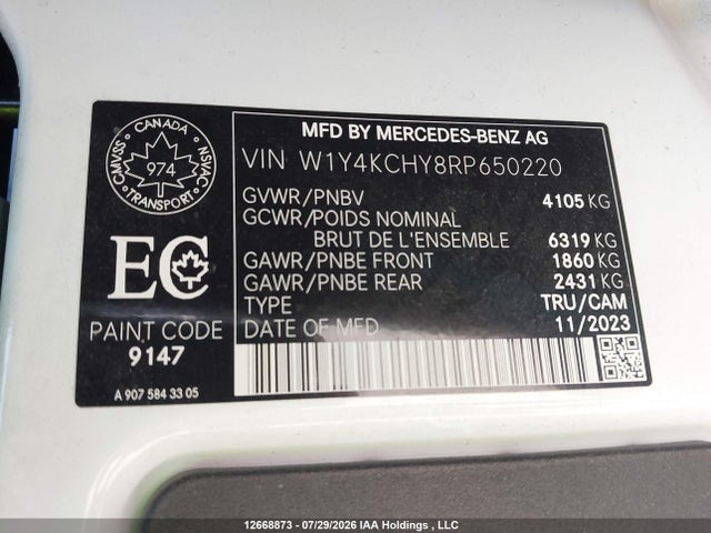 2024 Mercedes-benz Sprinter 2500 მანქანა იყიდება აუქციონზე, vin: W1Y4KCHY8RP650220, აუქციონის ნომერი: 12668873