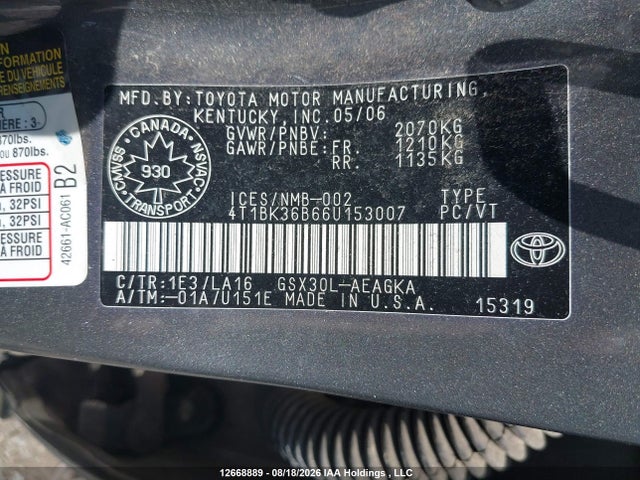 12668889 :رقم المزاد ، 4T1BK36B66U153007 vin ، 2006 Toyota Avalon Xl/xls/touring/limited مزاد بيع