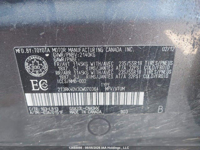 2012 Toyota Rav4 Sport მანქანა იყიდება აუქციონზე, vin: 2T3RK4DV3CW070364, აუქციონის ნომერი: 12668898
