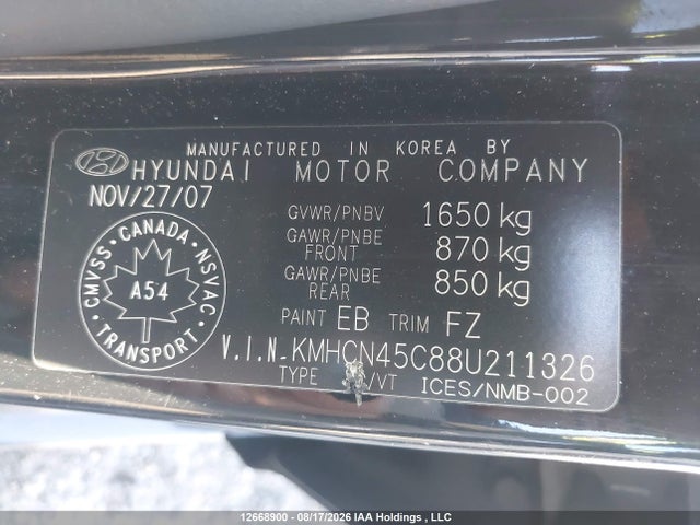2008 Hyundai Accent Gls მანქანა იყიდება აუქციონზე, vin: KMHCN45C88U211326, აუქციონის ნომერი: 12668900
