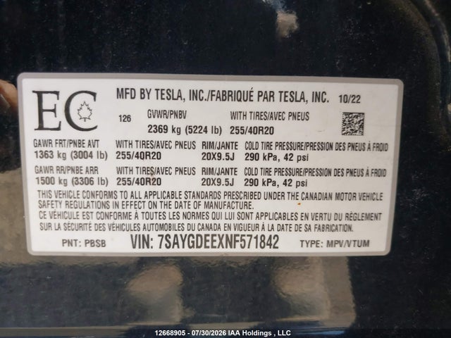 7SAYGDEEXNF571842 Tesla Model Y Long Range