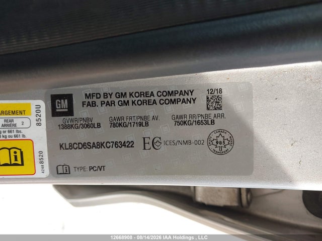 Продажа на аукционе авто 2019 Chevrolet Spark, vin: KL8CD6SA8KC763422, номер лота: 12668908