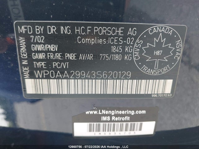 Aukcja sprzedaży 2003 Porsche 911 Carrera/carrera 4s, vin: WP0AA29943S620129, numer aukcji: 12660756