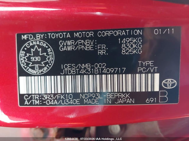 2011 Toyota Yaris მანქანა იყიდება აუქციონზე, vin: JTDBT4K31B1409717, აუქციონის ნომერი: 12664438