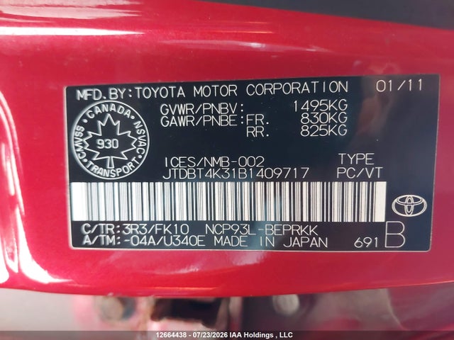 2011 Toyota Yaris მანქანა იყიდება აუქციონზე, vin: JTDBT4K31B1409717, აუქციონის ნომერი: 12664438