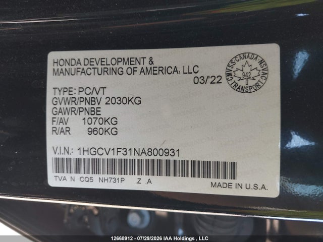 Продаж на аукціоні авто 2022 Honda Accord Sport 1.5t, vin: 1HGCV1F31NA800931, номер лоту: 12668912