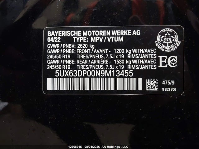 5UX63DP00N9M13455 BMW X3 Phev Xdrive30e