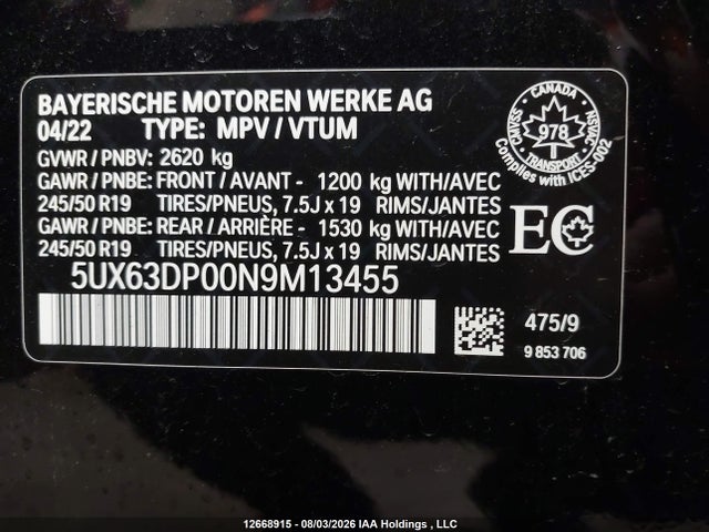 5UX63DP00N9M13455 BMW X3 Phev Xdrive30e