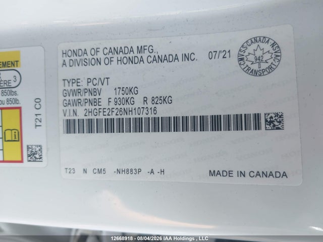 Honda Civic 2022 2HGFE2F26NH107316 Image 20