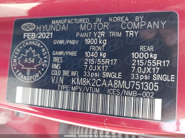 2021 Hyundai Kona Preferred Awd მანქანა იყიდება აუქციონზე, vin: KM8K2CAA8MU751305, აუქციონის ნომერი: 12668925
