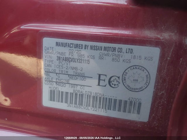 12668929 :رقم المزاد ، 3N1AB8CV0LY221115 vin ، 2020 Nissan Sentra Sv مزاد بيع