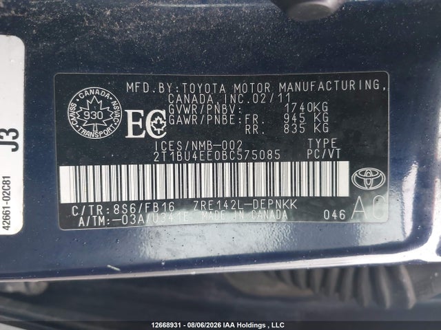 2011 Toyota Corolla S/le მანქანა იყიდება აუქციონზე, vin: 2T1BU4EE0BC575085, აუქციონის ნომერი: 12668931