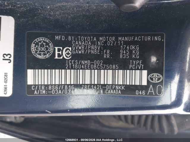 2011 Toyota Corolla S/le მანქანა იყიდება აუქციონზე, vin: 2T1BU4EE0BC575085, აუქციონის ნომერი: 12668931