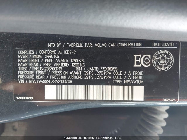 12668940 :رقم المزاد ، YV4992DZ3A2103708 vin ، 2010 Volvo Xc60 مزاد بيع