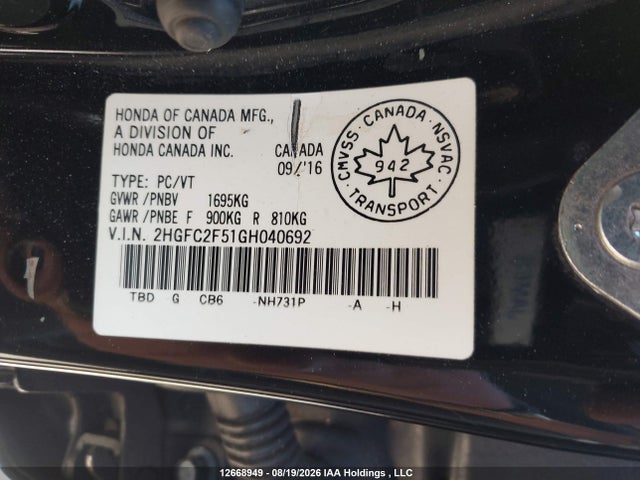 2016 Honda Civic Lx მანქანა იყიდება აუქციონზე, vin: 2HGFC2F51GH040692, აუქციონის ნომერი: 12668949