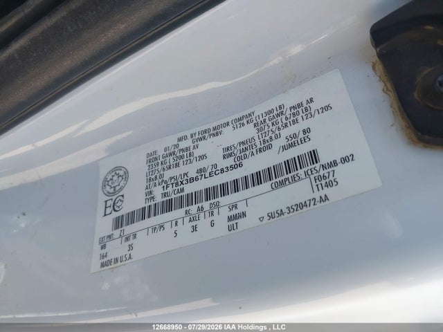 12668950 :رقم المزاد ، 1FT8X3B67LEC83506 vin ، 2020 Ford F350 Super Duty مزاد بيع