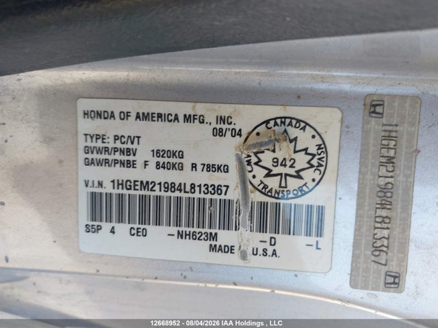 2004 Honda Civic Ex მანქანა იყიდება აუქციონზე, vin: 1HGEM21984L813367, აუქციონის ნომერი: 12668952