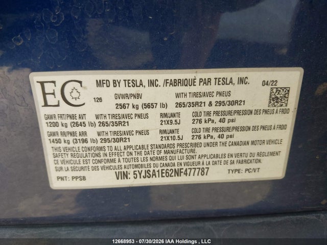 Aukcja sprzedaży 2022 Tesla Model S, vin: 5YJSA1E62NF477787, numer aukcji: 12668953