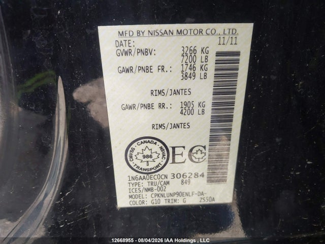 12668955 :رقم المزاد ، 1N6AA0EC0CN306284 vin ، 2012 Nissan Titan Pro-4x/s/sl/sv مزاد بيع