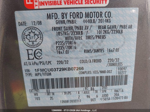 Продажа на аукционе авто 2009 Ford Escape Xlt, vin: 1FMCU03729KB07266, номер лота: 12668958