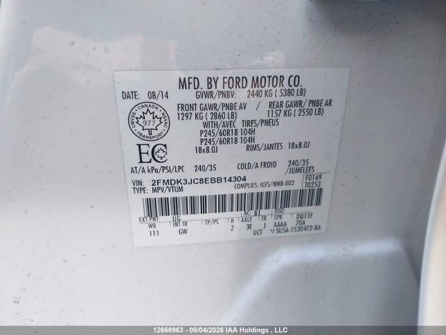 Продаж на аукціоні авто 2014 Ford Edge Sel, vin: 2FMDK3JC8EBB14304, номер лоту: 12668963