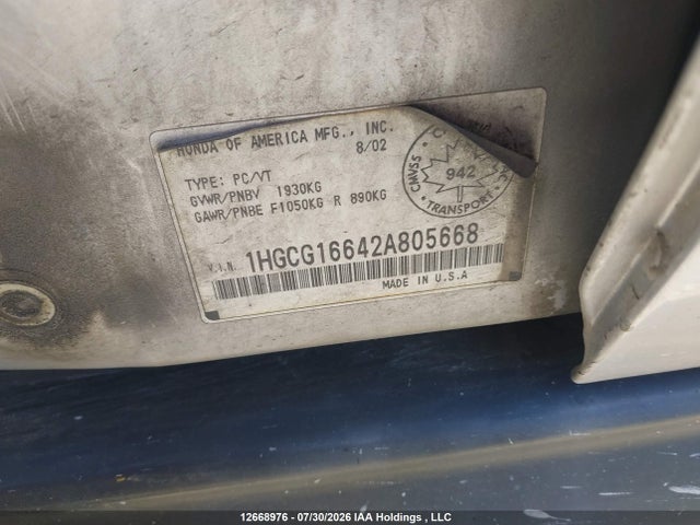 2002 Honda Accord Se V6 მანქანა იყიდება აუქციონზე, vin: 1HGCG16642A805668, აუქციონის ნომერი: 12668976