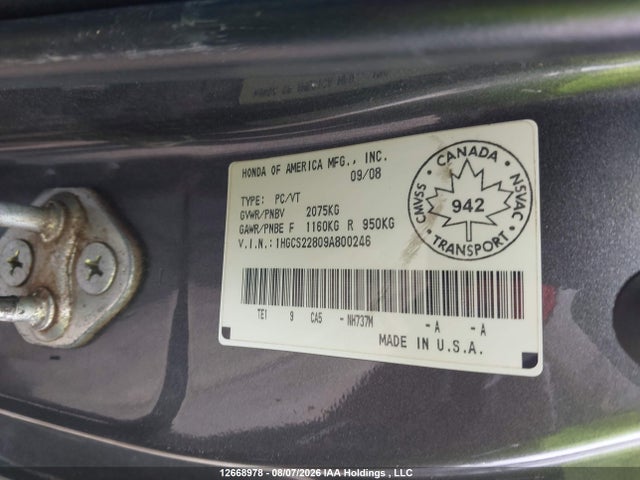 Продажа на аукционе авто 2009 Honda Accord Exl, vin: 1HGCS22809A800246, номер лота: 12668978