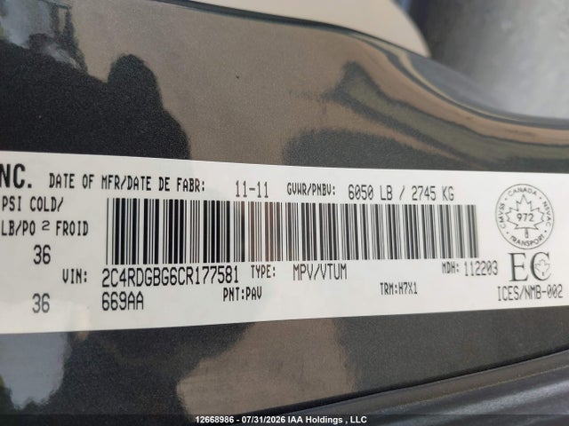 2012 Dodge Grand Caravan Se მანქანა იყიდება აუქციონზე, vin: 2C4RDGBG6CR177581, აუქციონის ნომერი: 12668986