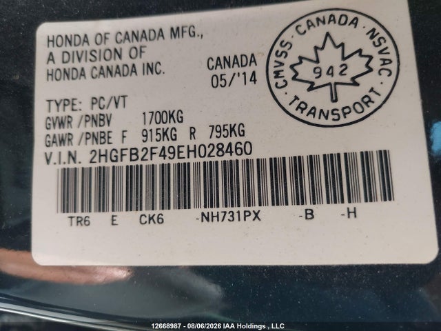 Honda Civic Lx 2014 2HGFB2F49EH028460 Image 9