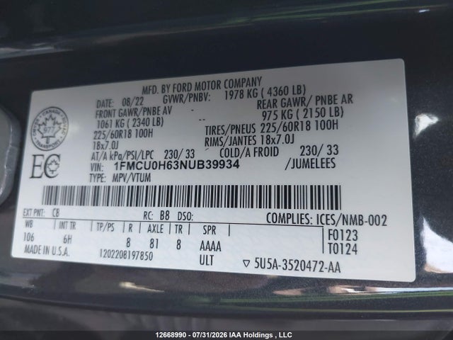 12668990 :رقم المزاد ، 1FMCU0H63NUB39934 vin ، 2022 Ford Escape Sel مزاد بيع
