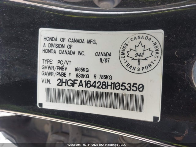 Продажа на аукционе авто 2008 Honda Civic Dx-g, vin: 2HGFA16428H105350, номер лота: 12668994