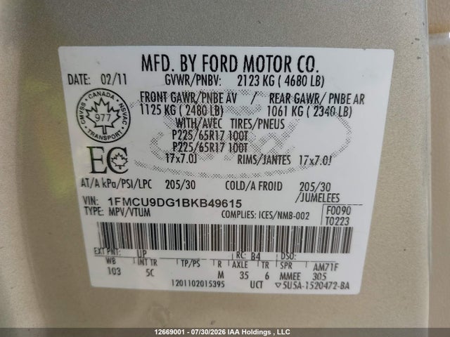 2011 Ford Escape Xlt მანქანა იყიდება აუქციონზე, vin: 1FMCU9DG1BKB49615, აუქციონის ნომერი: 12669001