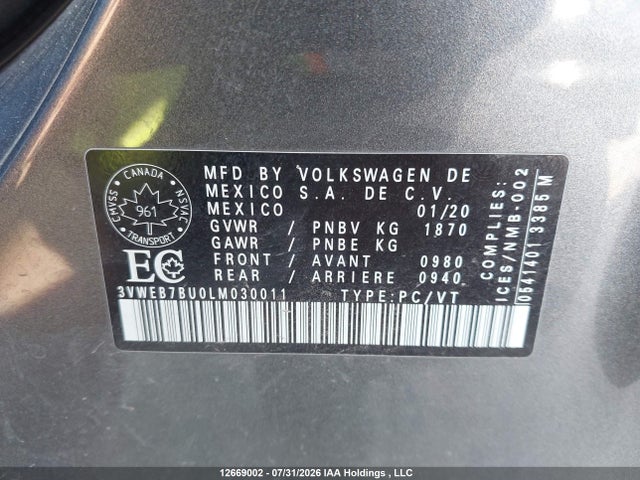 Aukcja sprzedaży 2020 Volkswagen Jetta Highline, vin: 3VWEB7BU0LM030011, numer aukcji: 12669002