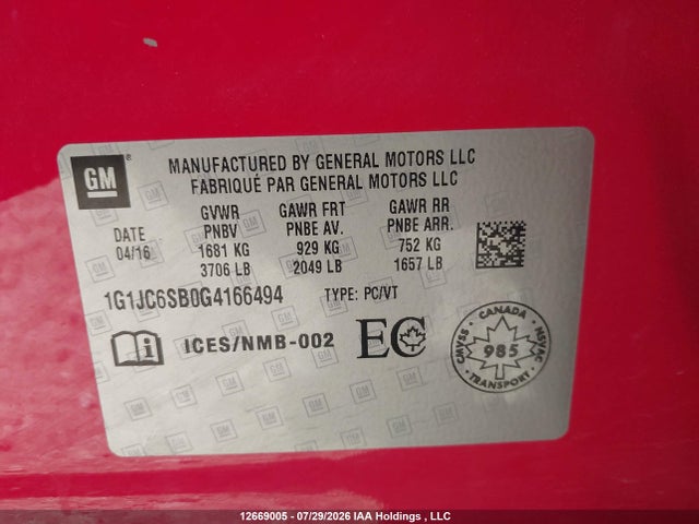 Chevrolet SONIC LT 2016 1G1JC6SB0G4166494 Image 18