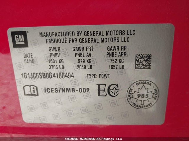 Chevrolet SONIC LT 2016 1G1JC6SB0G4166494 Image 9