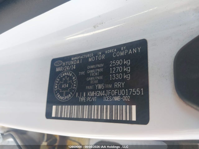 2015 Hyundai Genesis მანქანა იყიდება აუქციონზე, vin: KMHGN4JF0FU017551, აუქციონის ნომერი: 12669008