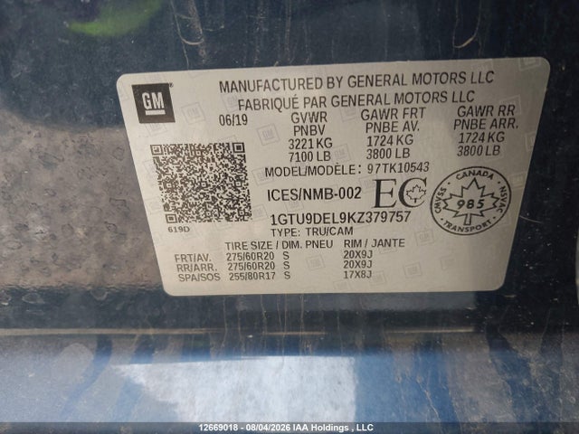 Auction sale of the 2019 Gmc Sierra 1500 Slt, vin: 1GTU9DEL9KZ379757, lot number: 12669018