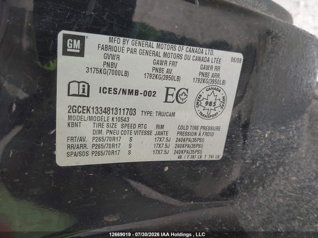 2008 Chevrolet Silverado 1500 Lt/ltz/wt მანქანა იყიდება აუქციონზე, vin: 2GCEK133481311703, აუქციონის ნომერი: 12669019